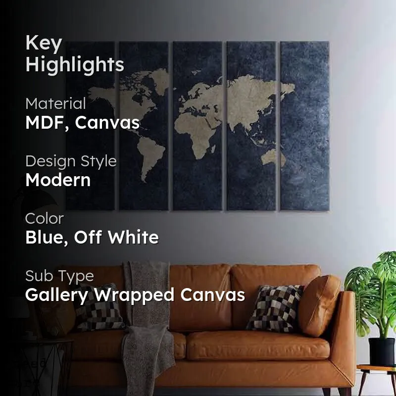 Voyage Modern World Map Canvas Wall Art - Five Piece Set media 2