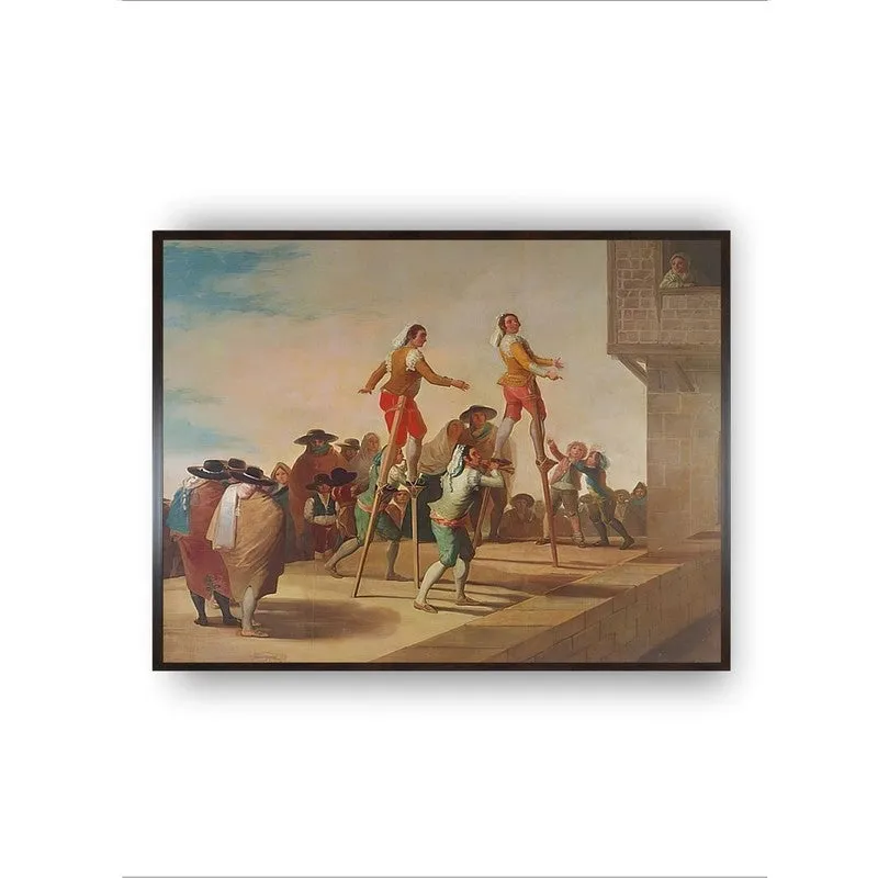 Front view of a framed painting showing figures on stilts in a period street scene