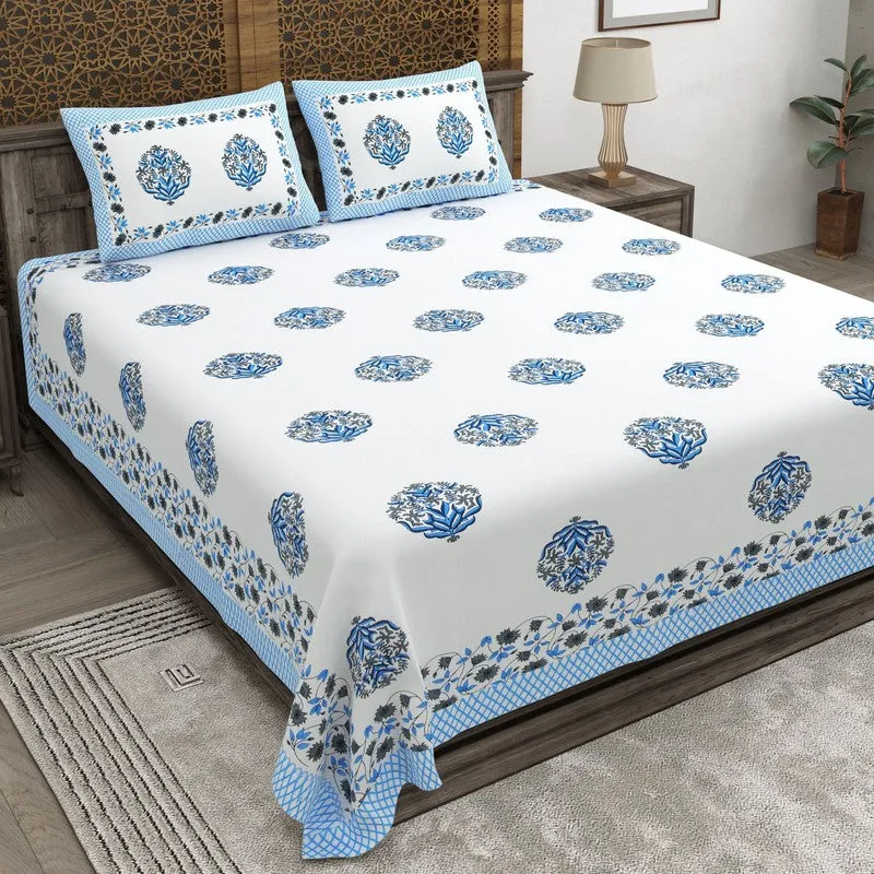 Rangen Cotton Bedsheet (White,Blue) - 240 TC media 1
