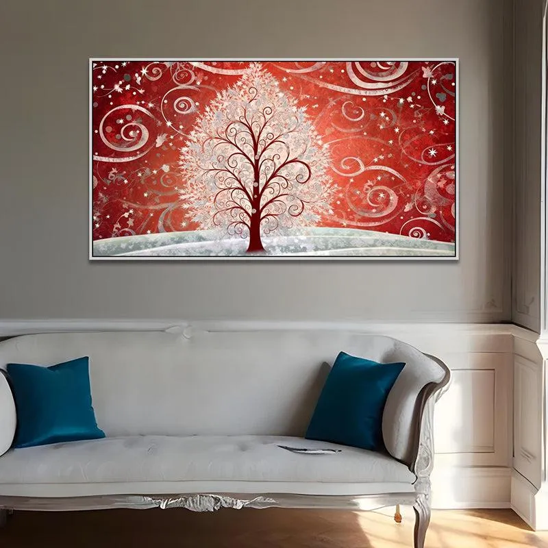 Crimson Snow Swirls Floral Canvas Wall Painting With Frame - White media 3