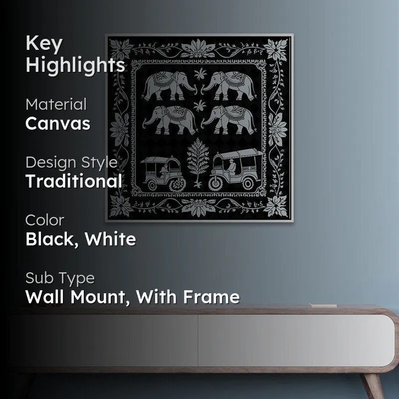 Monochrome Haathi Canvas Wall Art With Frame media 2