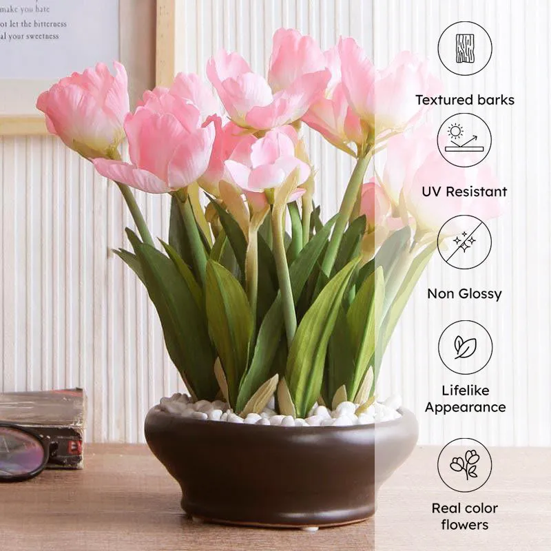 Faux Artificial Tulip Bonsai In Ceramic Pot (26 cms) - Light Pink media 5