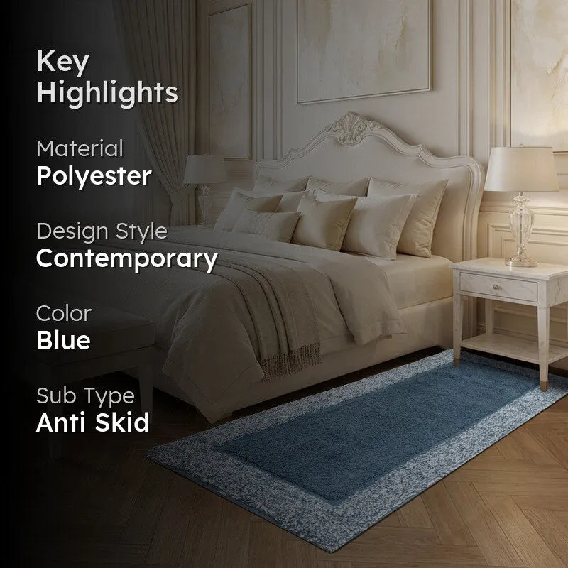 Blue runner rug shown in a bedroom with key highlights overlay