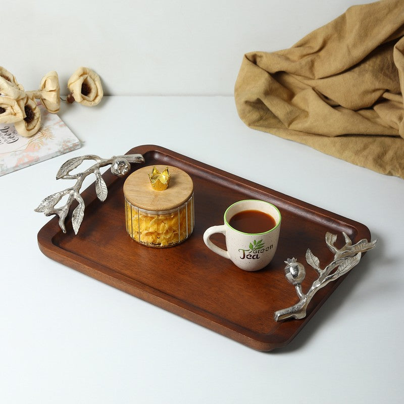 Amber Wood Serving Tray - Silver,Brown
