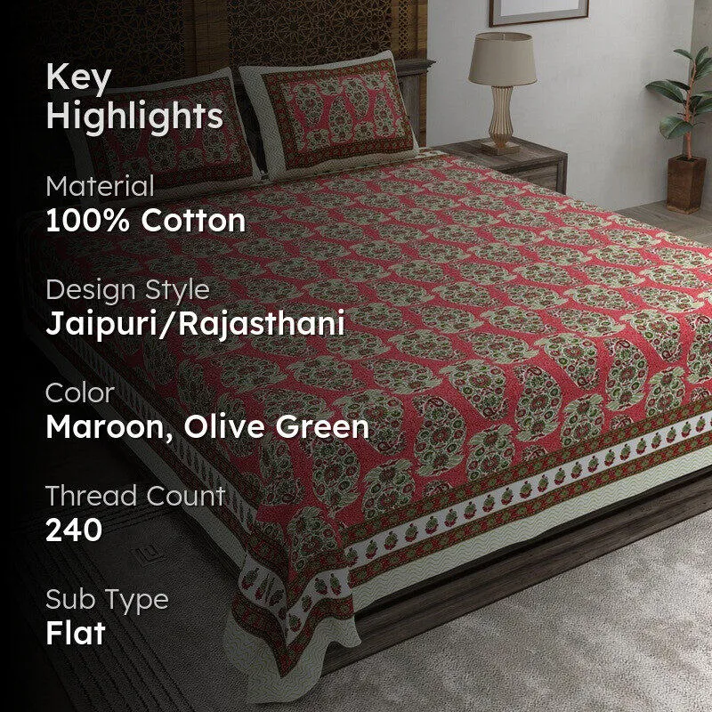 Artor Cotton Bedsheet (Maroon,Olive Green) - 240 TC media 2