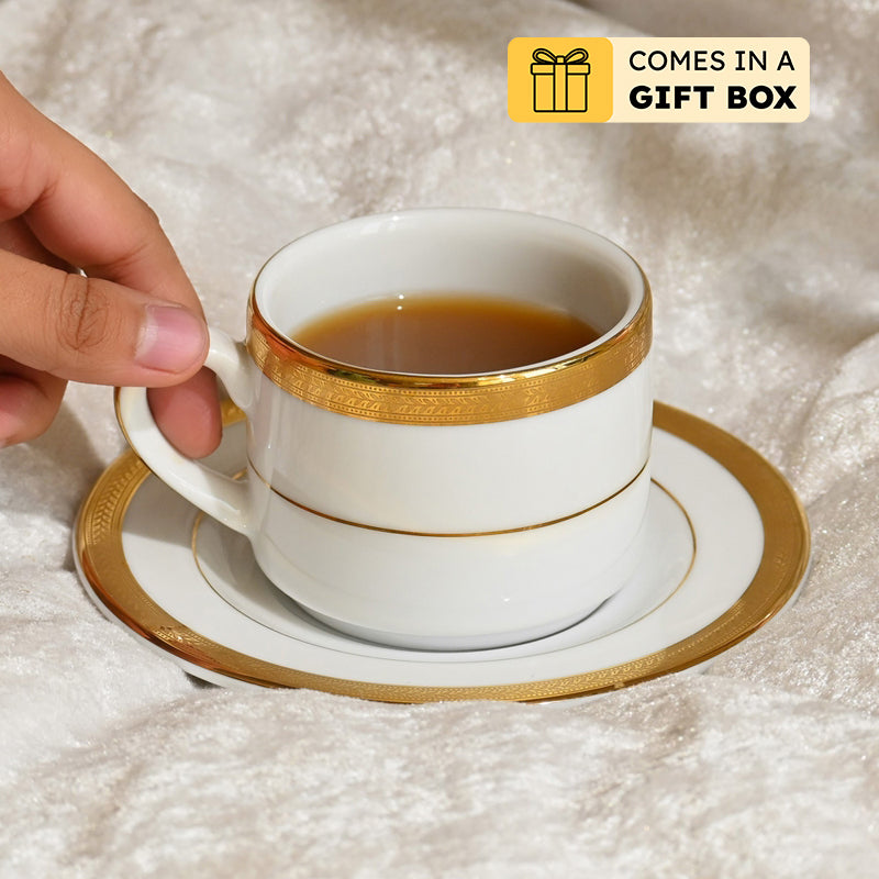 Vienna 24k Gold Brushed Porcelain Tea Cup & Saucer (Gold/280 mL) - Set of Six