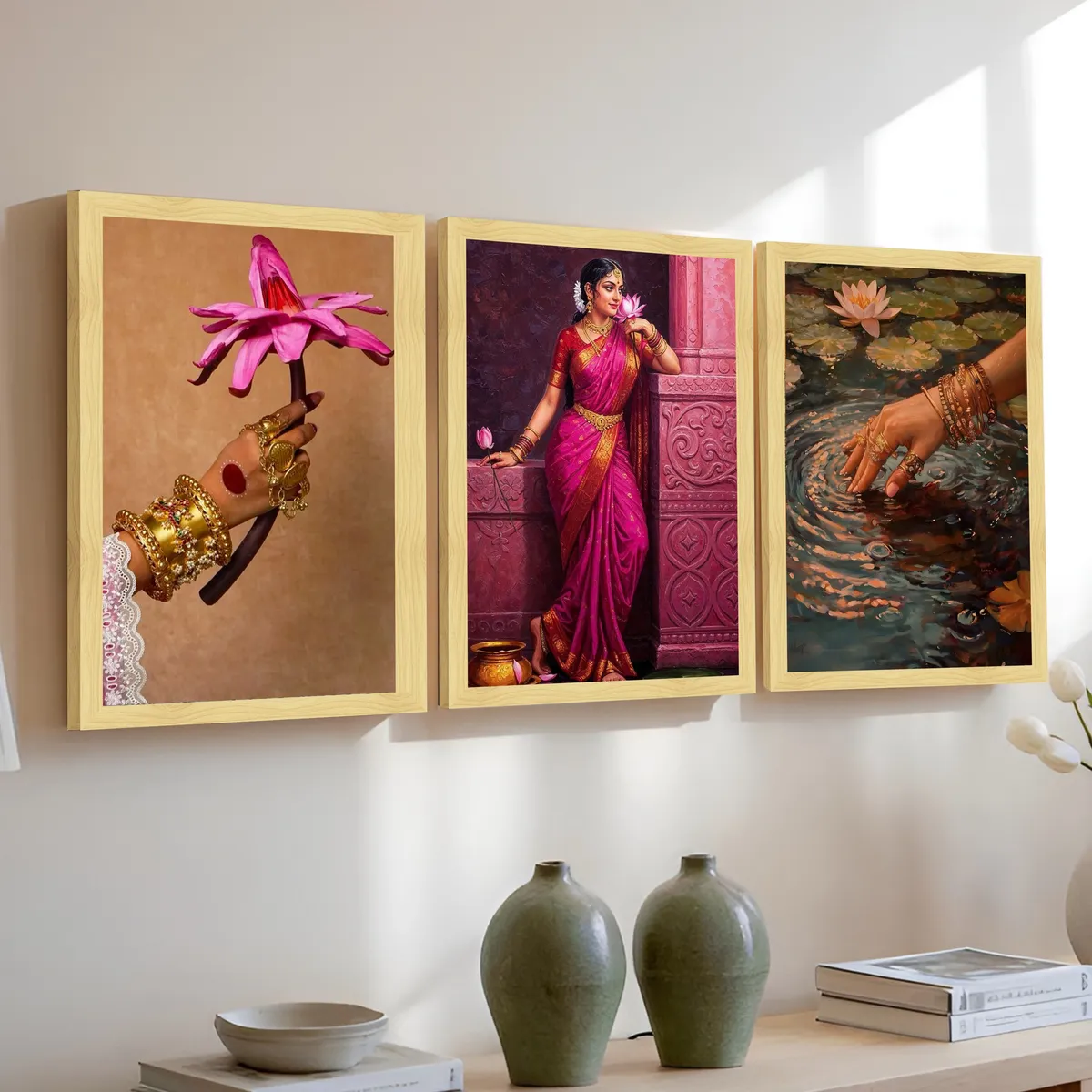 Classical Indian Woman Wall Painting With Frame - Set Of Three media 3