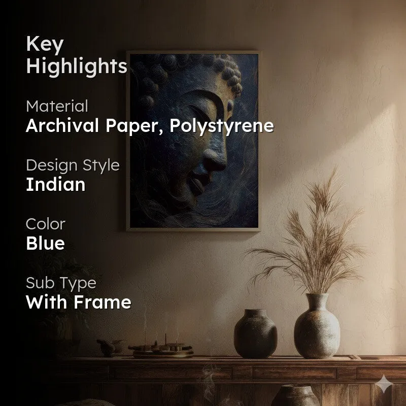 Mystic Blue Buddha Archival Paper Wall Painting With Brown Frame media 2