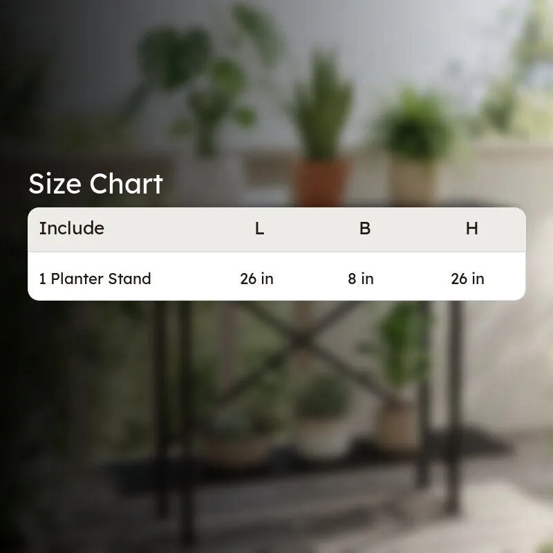 Black planter stand with a blurred plant setting and size chart