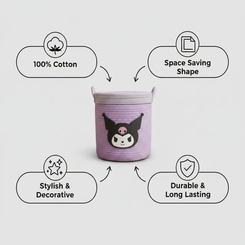 Purple storage basket with lid shown with feature callouts on a white background