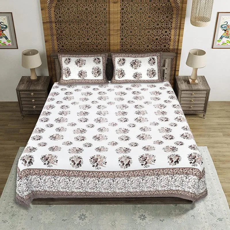 Bhuja Floral Cotton Bedsheet (Brown,Grey) - 144 TC media 1