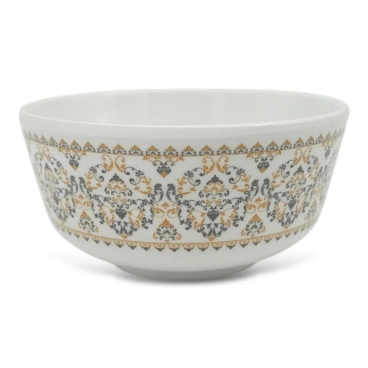 Single white bowl with an ornate gold and grey patterned band
