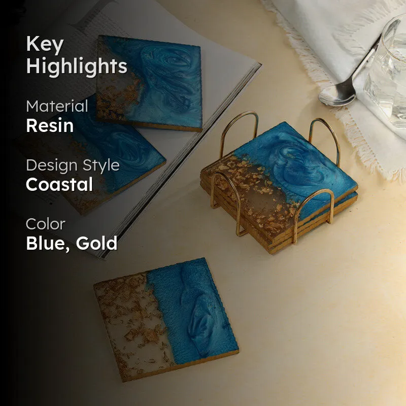 Styled blue and gold coaster set with a dark overlay