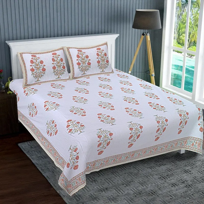 ShahiGuldaan Handblock Printed Cotton Bedsheet (Orange) - 400 TC media 1