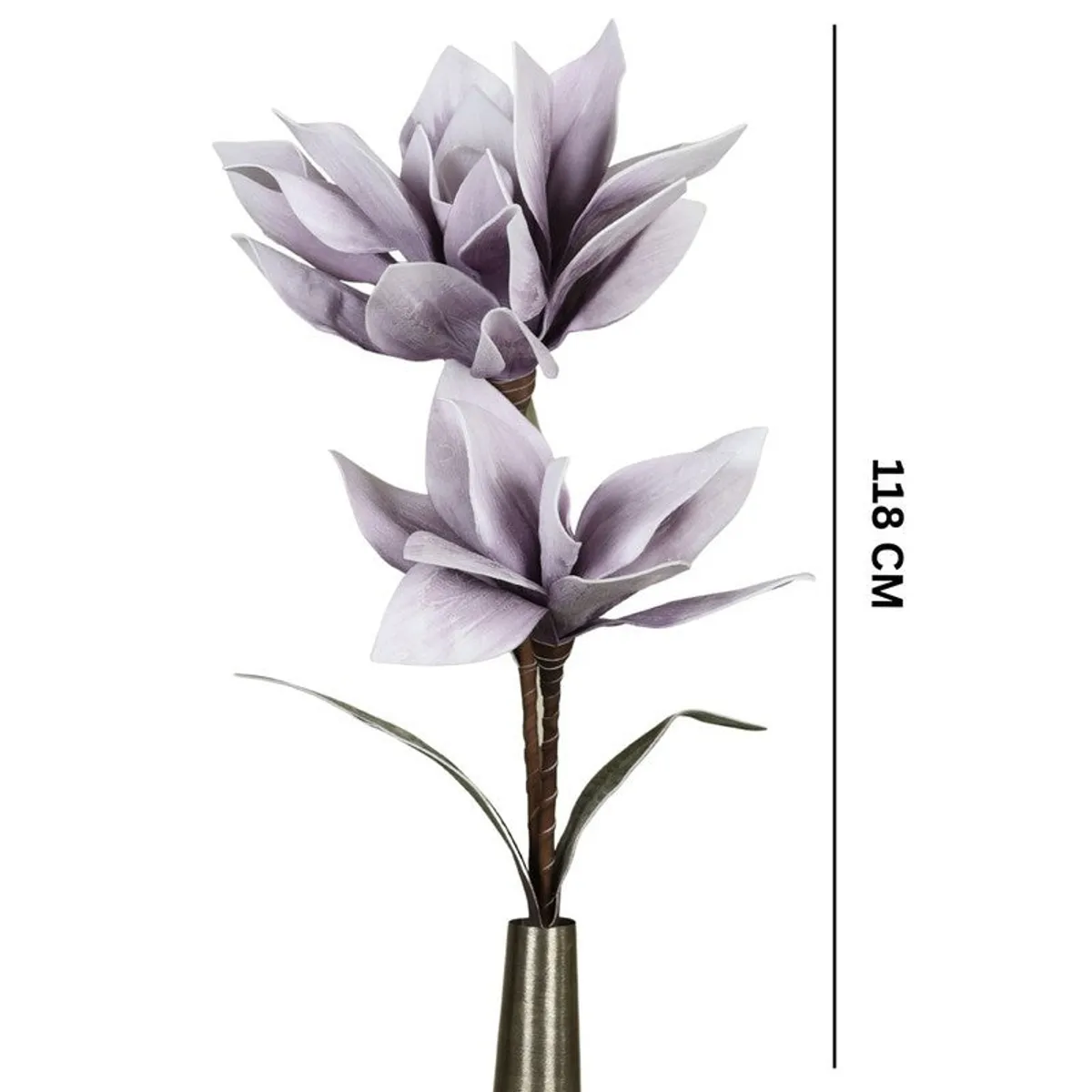 Purple artificial flower stick shown with a 118 cm height reference