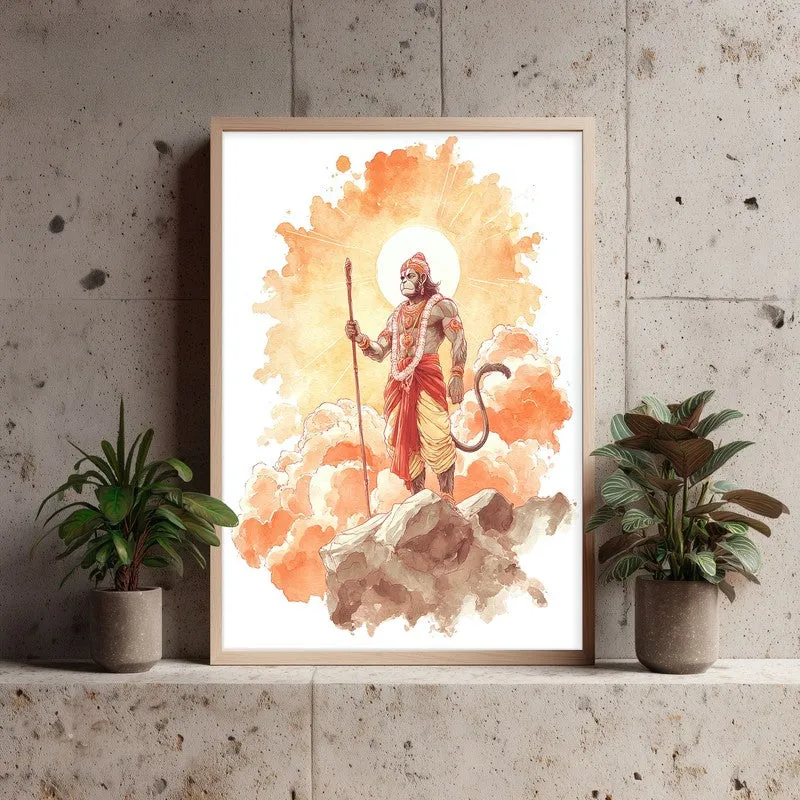Sri Hanuman with Sun Aura I Archival Paper Wall Art - Natural Brown Frame media 3