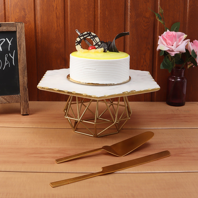 Marmore Hexa Marble Cake Stand With Server & Knife - Three Piece Set