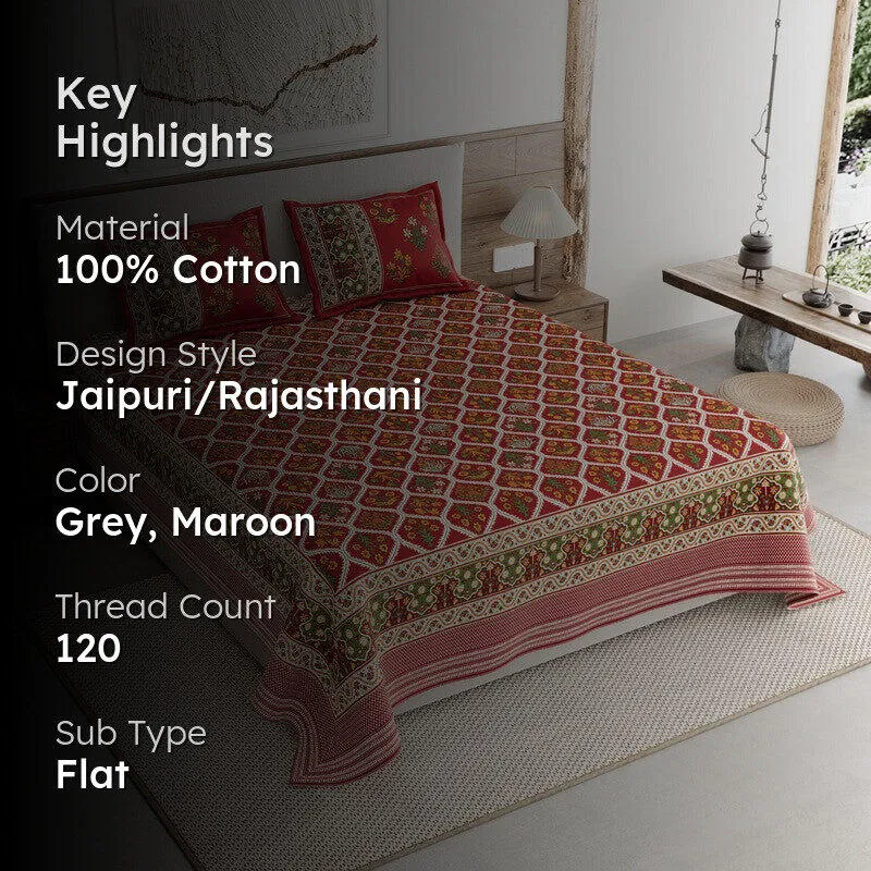Desert Bloom Cotton Bedsheet (Grey,Maroon) - 120 TC media 2