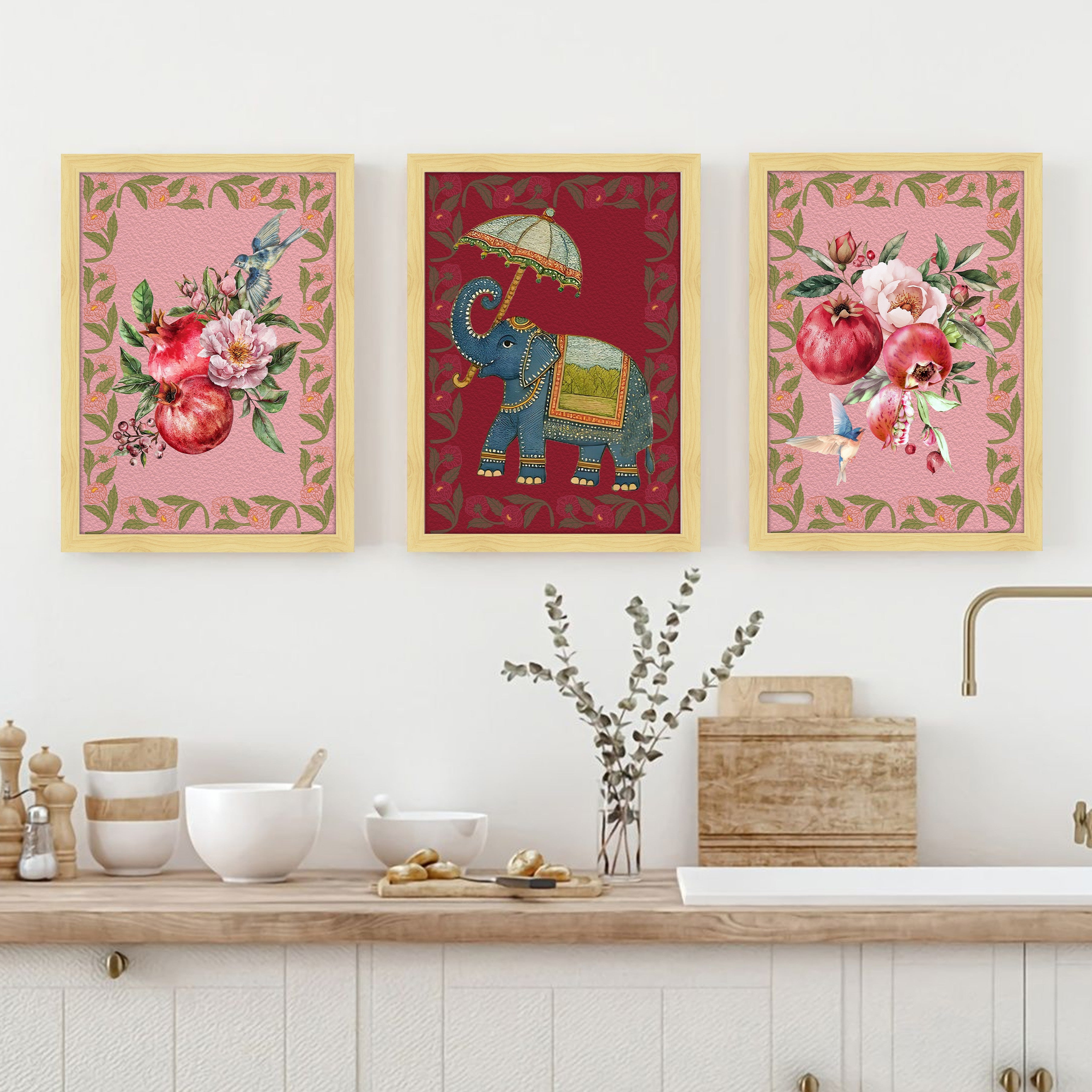 Floral Majesty & Gajraj Wall Paintings - Set Of Three