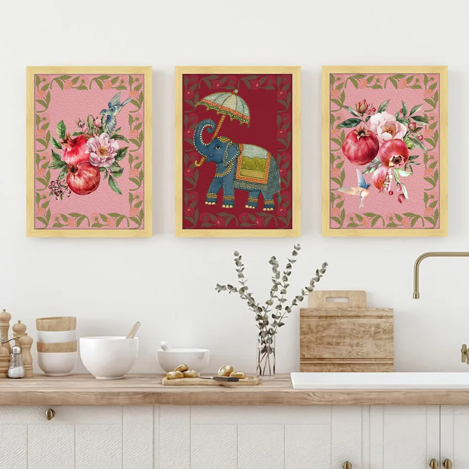Floral Majesty & Gajraj Wall Paintings - Set Of Three media 1