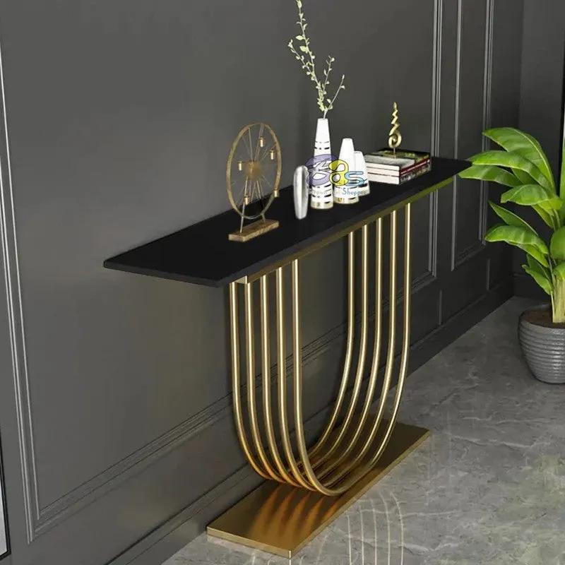 U Shape Metal Console Table with Marble Top (Gold) - Small media 1