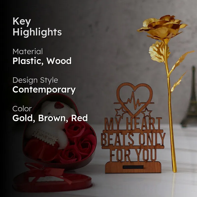 Gift set with red heart box, wooden plaque and gold rose on display