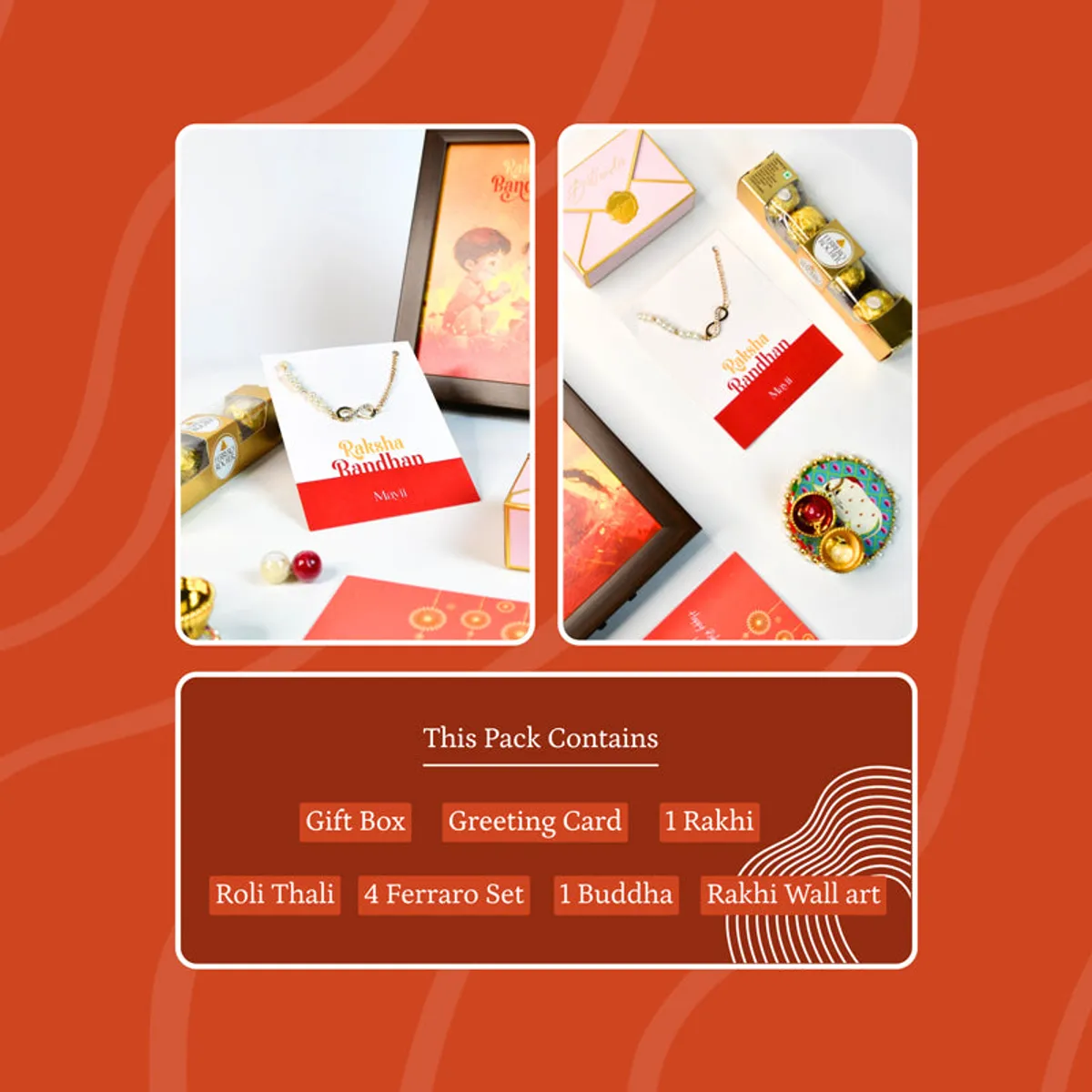 Rakhi hamper collage showing festive gifting items and the product contents.