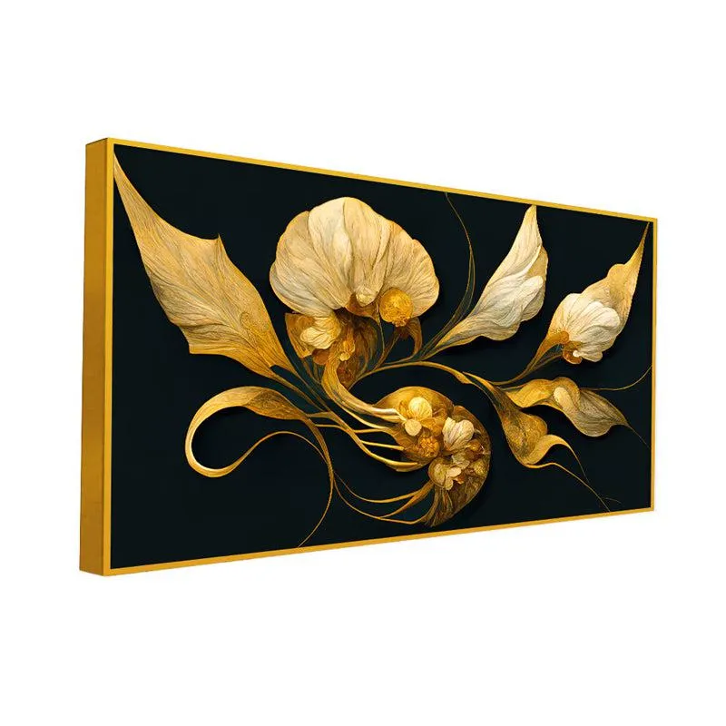 Aurum & Obsidian Floral Canvas Wall Painting With Frame - Gold media 3