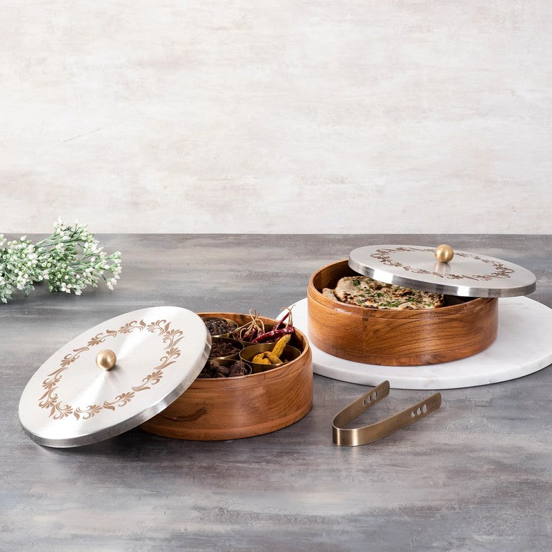 Rootra Teak Wood Round Masala Box - Three Piece Set