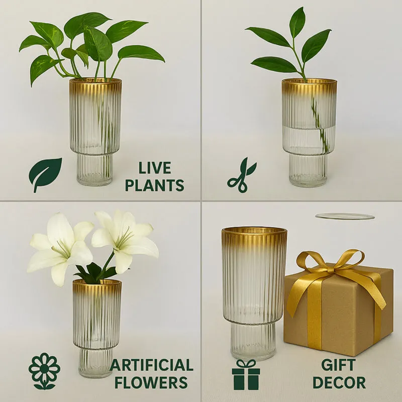 Collage showing the ribbed glass vase styled with plants, flowers and gift decor