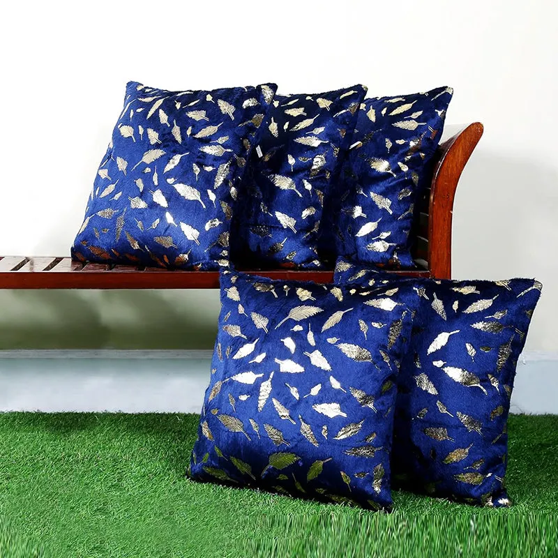 Golden Frond Velvet Cushion Cover (Blue) - Set Of Five media 1