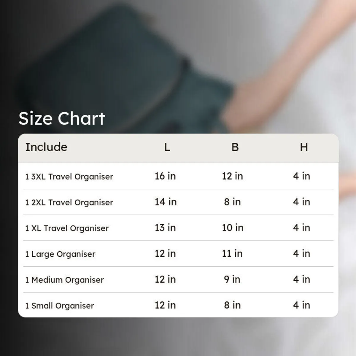 Green travel organiser opened beside a cactus-print organiser, shown in a size-chart image.