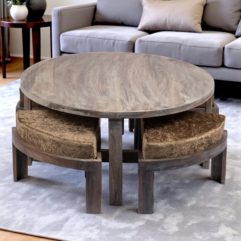 Jervon Sheesham Wooden Center Table with Stools and Cushions (Grey) - Nine Piece Set