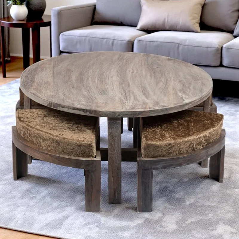Jervon Sheesham Wooden Center Table with Stools and Cushions (Grey) - Nine Piece Set media 1