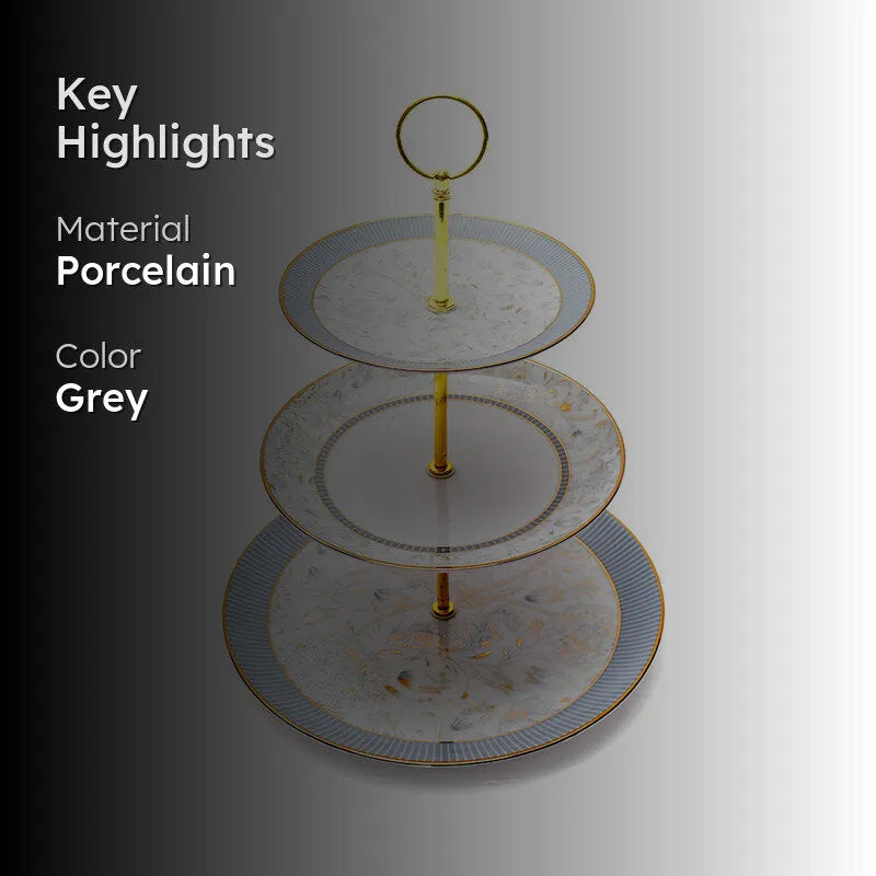 Gilded Iris 3-Tiered Porcelain Dessert Stand - Grey media 2