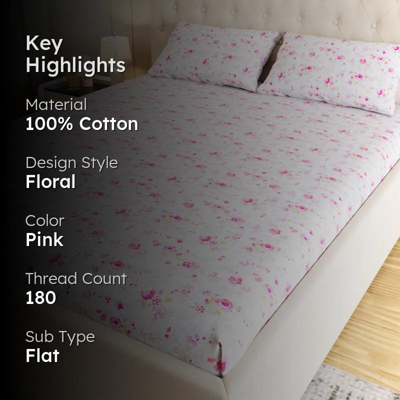 Dewdrop Floral Cotton Bedsheet (Pink) - 180 TC media 2