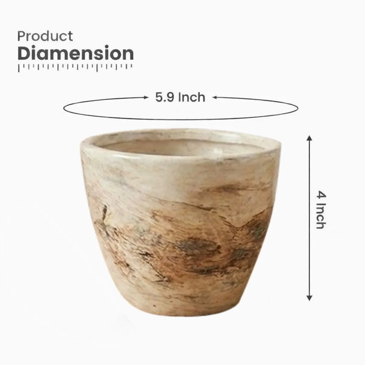 Ivory and brown ceramic planter shown with its product dimensions.