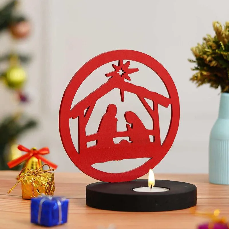 Manger Light Wood Christmas Tea Light Holder - Red media 4