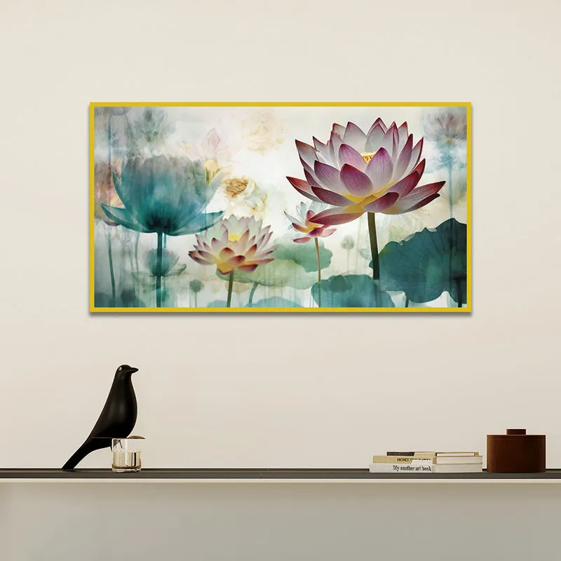 Lotus Whispers Floral Canvas Wall Painting With Frame - Gold media 3