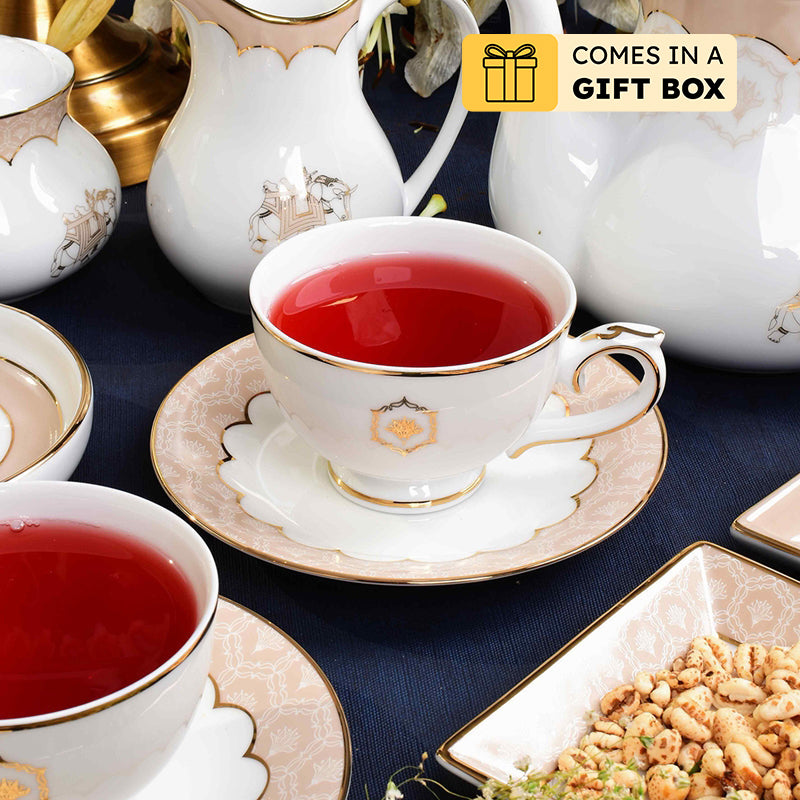 Gilded Legacy 24k Gold Brushed Porcelain Tea Cup & Saucer (Peach/ 300 mL) - Twelve Piece Set