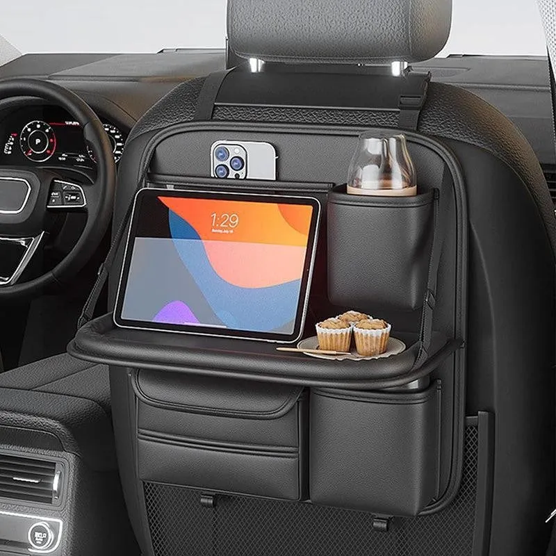 Sleek Seat Leather Car Seat Organizer With Foldable Tray - Dark Grey media 1