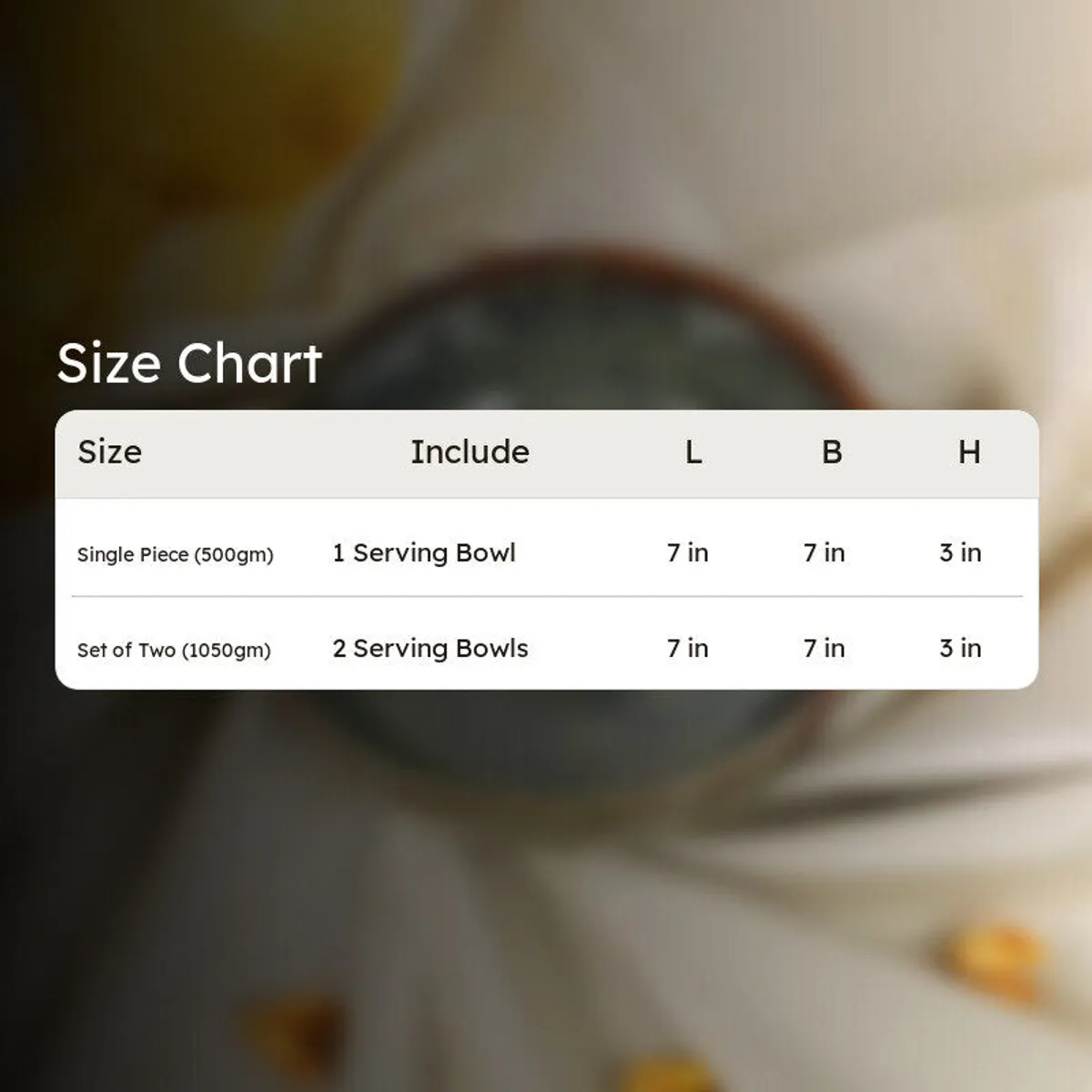 Product size chart graphic shown over a blurred image of the serving bowl