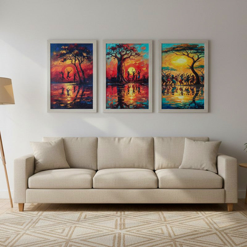 Serengeti Sunset Inspired Wall Painting With Frame - Set Of Three