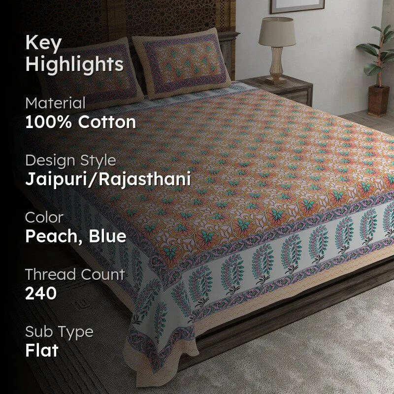Rangva Cotton Bedsheet (Peach,Blue) - 240 TC media 2