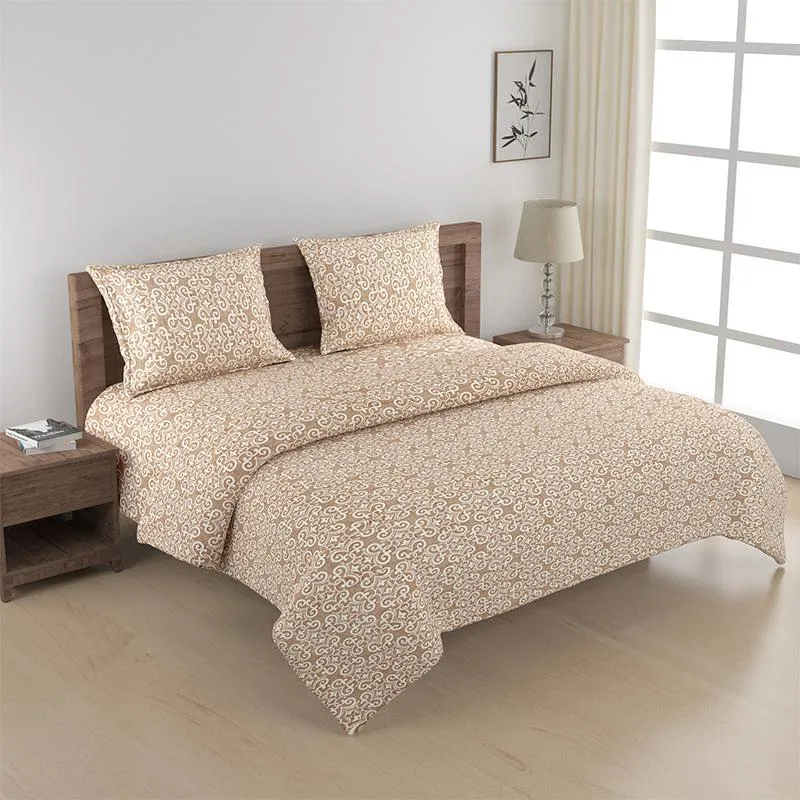 Styled bedroom with brown and white ethnic bedding set on a double bed