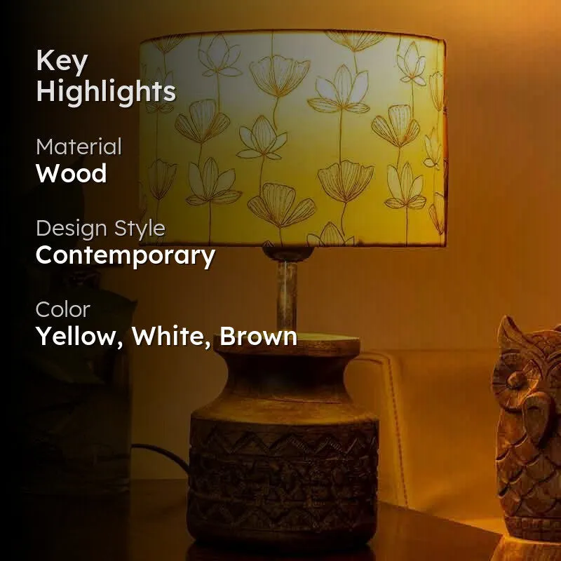 Glowing wooden table lamp with yellow floral shade and highlight text overlay