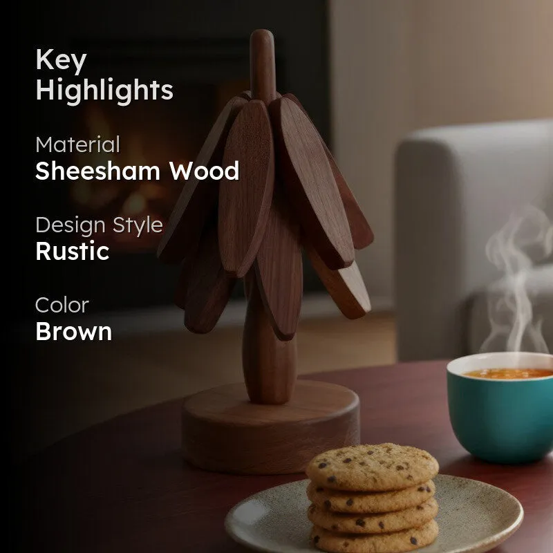 Tree Shaped Sheesham Wood Coasters with Stand - Four Piece Set media 2