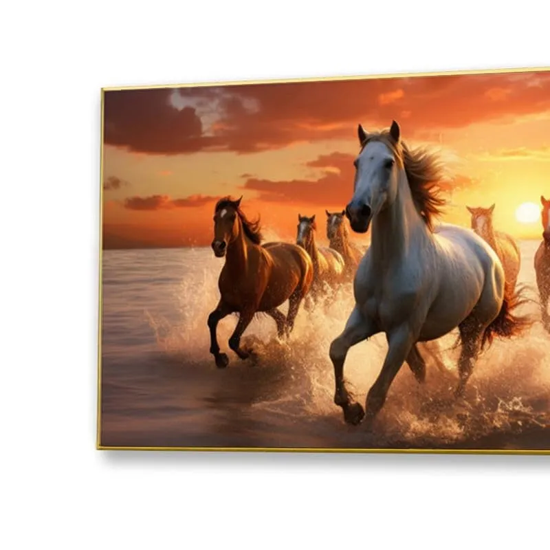 Ocean Horse Run Canvas Wall Painting With Gold Frame media 5