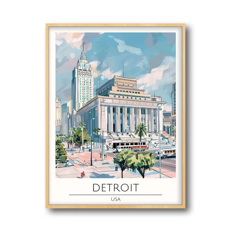 Vintage Detroit Framed Canvas Archival Canvas Wall Painting - Natural Brown Frame media 5