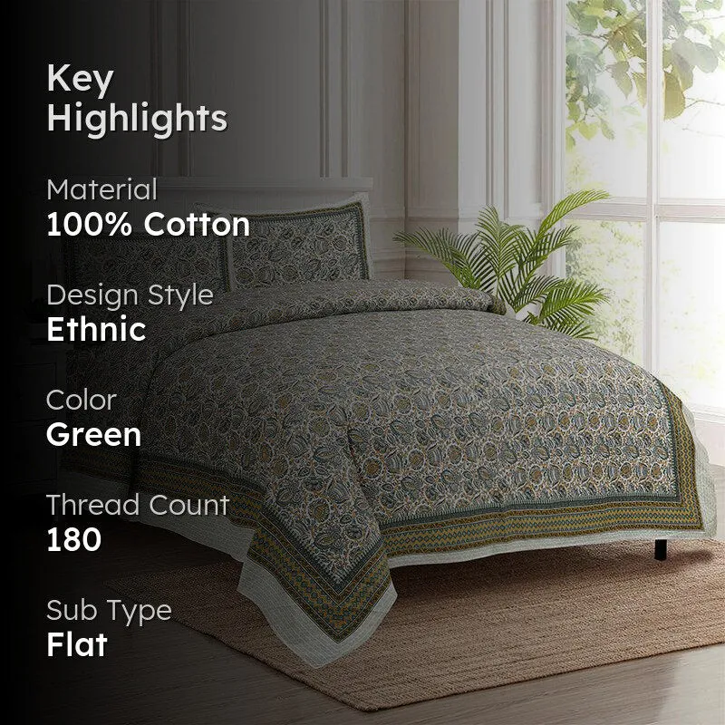 Panja Ethnic Cotton Bedsheet (Green) - 180 TC media 2